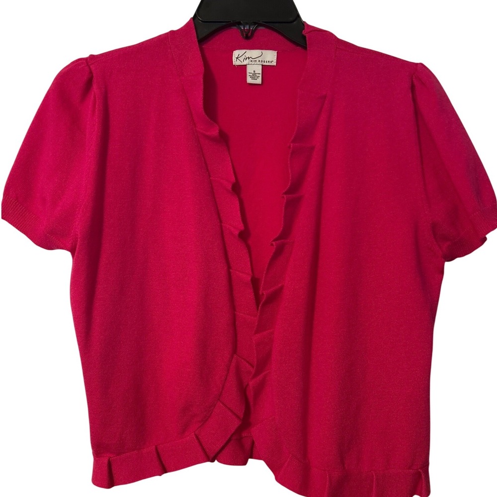 Kim Rogers Womens Fuchsia Pink Ruffle Trim‎ Short Sleeve Shrug Cardigan Size S